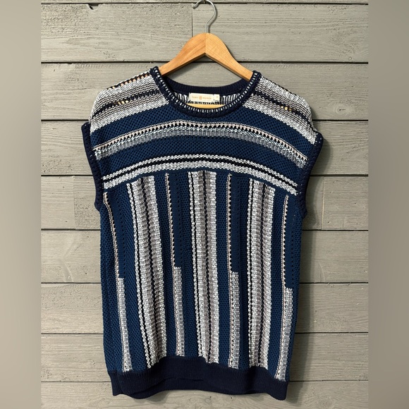 Tory Burch Women’s Navy Pink White Cotton Linen Scoop Neck Sweater Vest Small - Picture 2 of 9